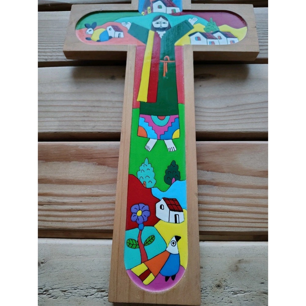 El Salvador Vintage Folk Art Jesus on Cross Hand Painted Wood Religious &Other‎ - Picture 14 of 16